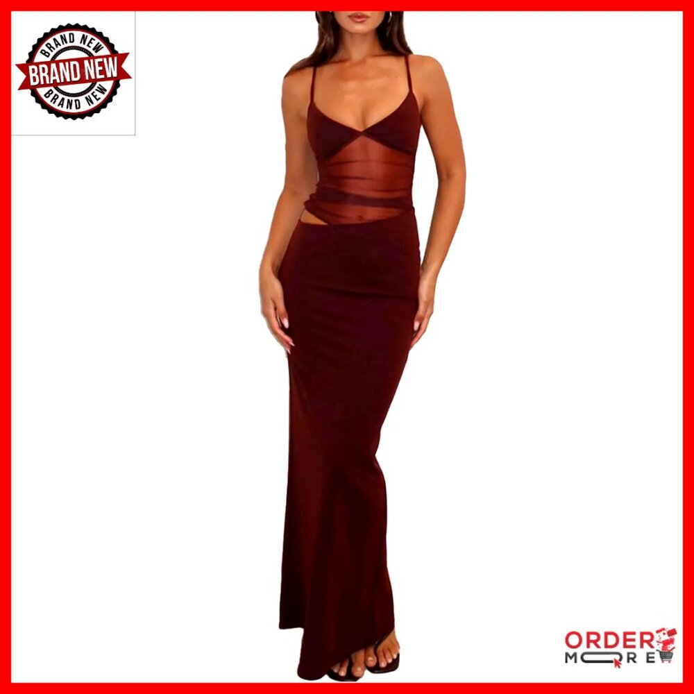 Sexy V Neck Bodycon Maxi Dress Backless Mesh Cut Out Cocktail Formal Evening